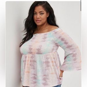 Torrid Babydoll Knit Smocked Off-Shoulder Bell Sleeve Top